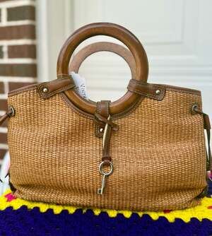 Vintage Fossil Woven Straw Tote Bag with Round Wood Handles